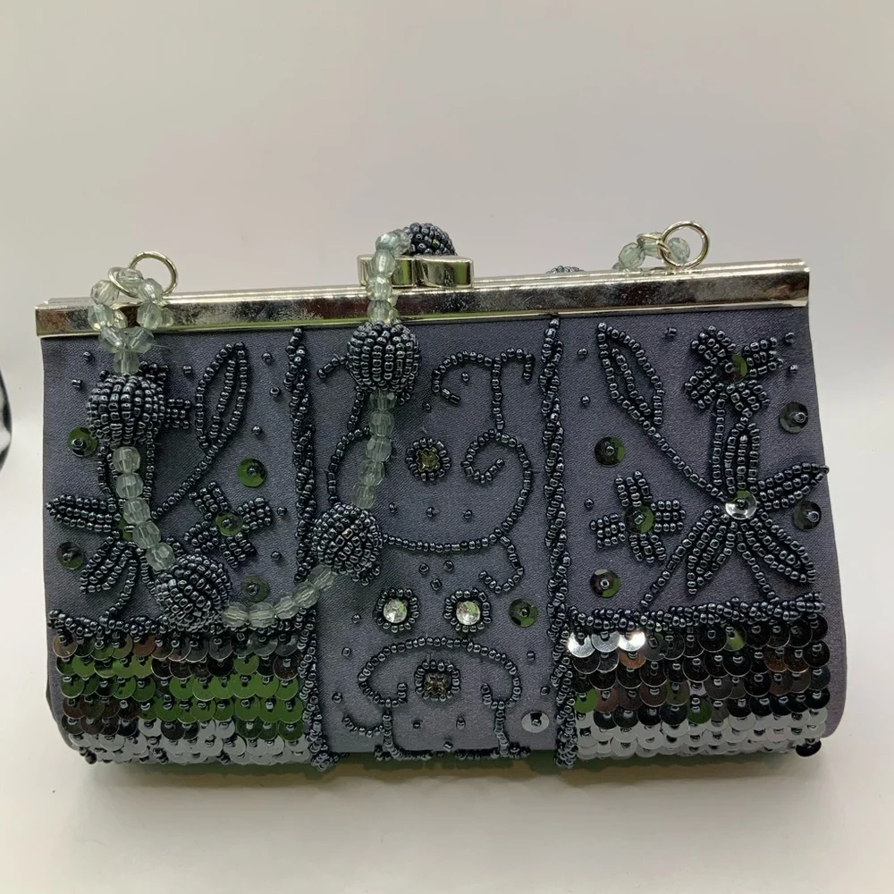 Bijoux Terner Vintage Sequins Embroidery Flower Beaded Handle Evening Clutch